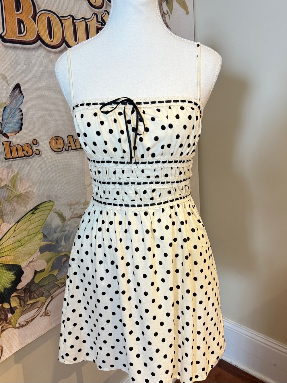Polka Dot Spaghetti-Strap Sundress - Black on Cream